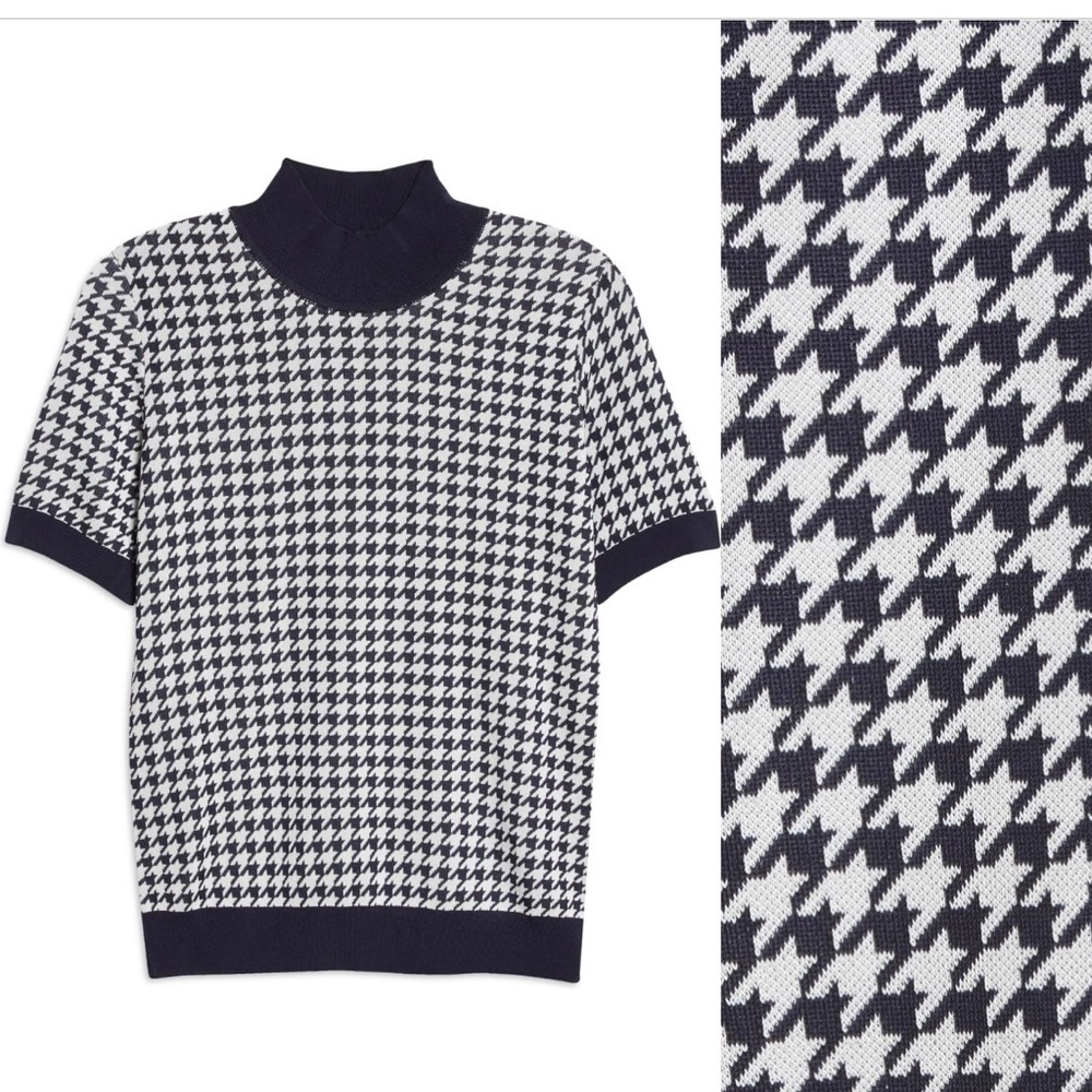 BOSS Faryna Houndstooth Short Sleeve Sweater. sz XXL. Color: navy & white
